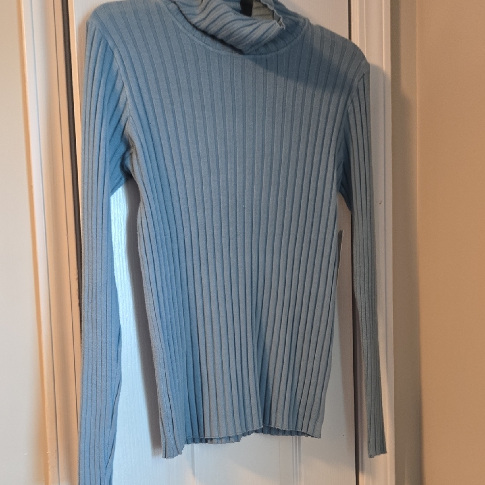 Sky Blue Ribbed Turtleneck Sweater
